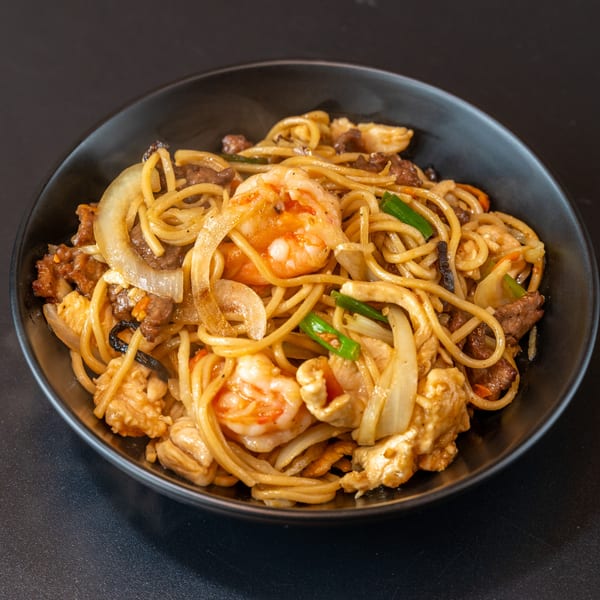 Yen Ching Express's combination lo mein with noodles, shrimp, beef, chicken, and vegetables.